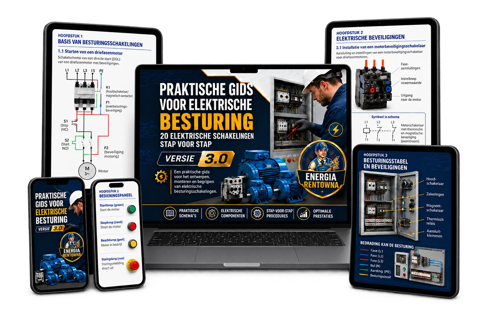 Mockup van de praktische gids voor elektrische besturing op laptop, tablet en telefoon